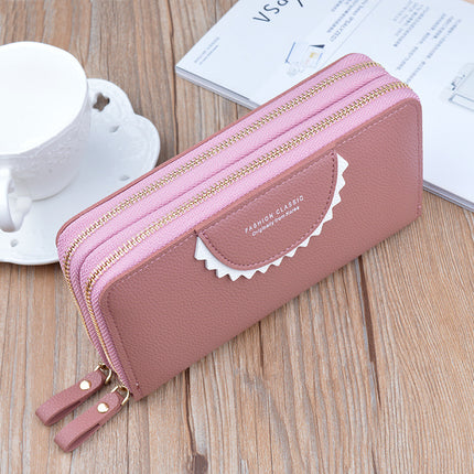 New Double Zipper Wallet Women's Long Clutch Wallet Mother's Double-Layer Large Capacity Lychee Pattern Change Mobile Phone Bag