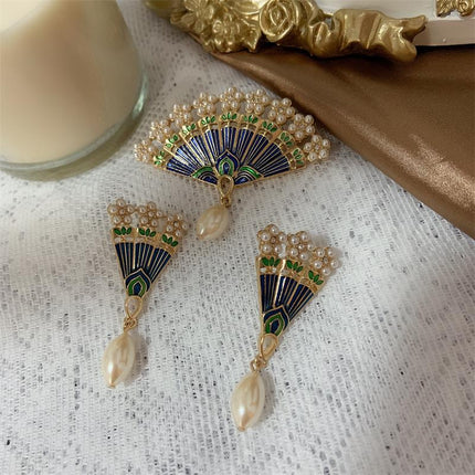 Chinese Fan-Shaped Pearl Brooch 925 Silver Needle Earrings Hanfu Cheongsam Accessory Vintage Antique Brooch Pin