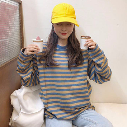 Spot 2022 Korean chic autumn versatile striped long sleeve T-shirt loose pullover Harajuku style student base shirt