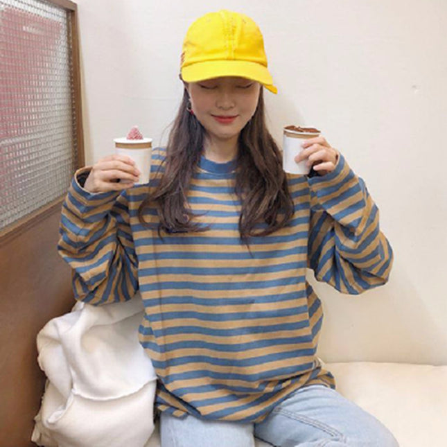 Spot 2022 Korean chic autumn versatile striped long sleeve T-shirt loose pullover Harajuku style student base shirt