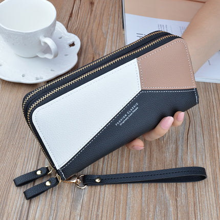 New wallet women's long double zipper clutch fashion stitching contrast color large capacity double-layer wallet mobile phone bag