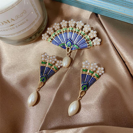 Chinese Fan-Shaped Pearl Brooch 925 Silver Needle Earrings Hanfu Cheongsam Accessory Vintage Antique Brooch Pin