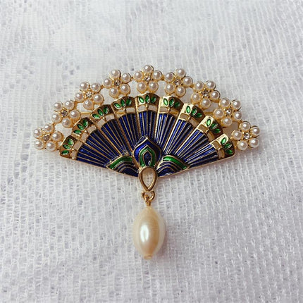 Chinese Fan-Shaped Pearl Brooch 925 Silver Needle Earrings Hanfu Cheongsam Accessory Vintage Antique Brooch Pin