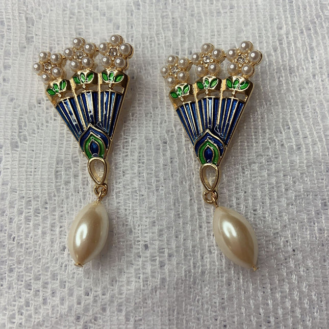 Chinese Fan-Shaped Pearl Brooch 925 Silver Needle Earrings Hanfu Cheongsam Accessory Vintage Antique Brooch Pin