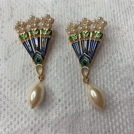 Chinese Fan-Shaped Pearl Brooch 925 Silver Needle Earrings Hanfu Cheongsam Accessory Vintage Antique Brooch Pin