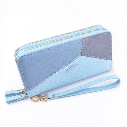 New wallet women's long double zipper clutch fashion stitching contrast color large capacity double-layer wallet mobile phone bag