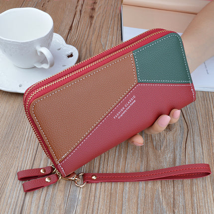 New wallet women's long double zipper clutch fashion stitching contrast color large capacity double-layer wallet mobile phone bag