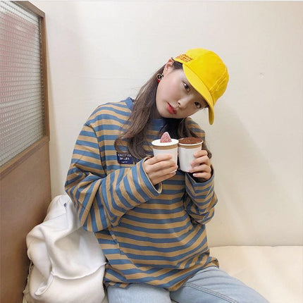 Spot 2022 Korean chic autumn versatile striped long sleeve T-shirt loose pullover Harajuku style student base shirt