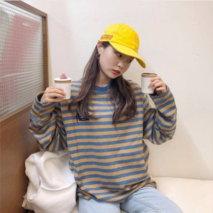 Spot 2022 Korean chic autumn versatile striped long sleeve T-shirt loose pullover Harajuku style student base shirt