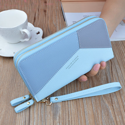New wallet women's long double zipper clutch fashion stitching contrast color large capacity double-layer wallet mobile phone bag