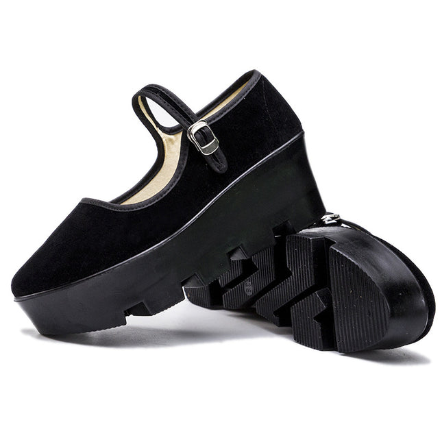 Women's Cloth Shoes, Platform Thick-Soled Flat Shallow-Mouth Hotel Work Shoes, Dance Shoes, Wedge Heel, Black, Breathable and Lightweight