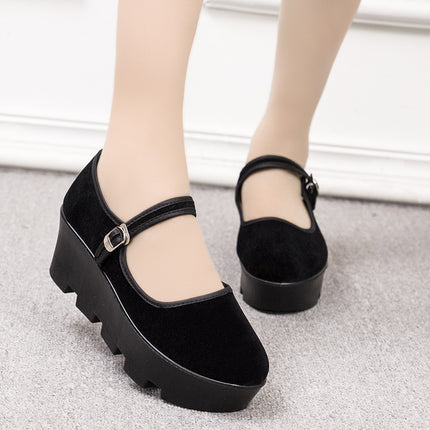Women's Cloth Shoes, Platform Thick-Soled Flat Shallow-Mouth Hotel Work Shoes, Dance Shoes, Wedge Heel, Black, Breathable and Lightweight