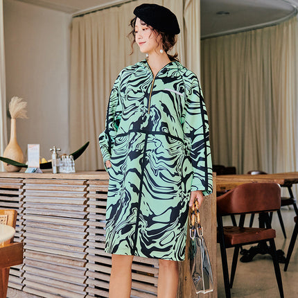 European and American Spring New Loose Geometric Windbreaker Fluorescent Green Hooded Sports Long Sweater Skirt L8061
