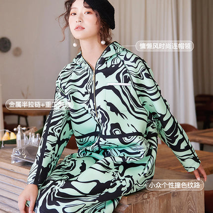 European and American Spring New Loose Geometric Windbreaker Fluorescent Green Hooded Sports Long Sweater Skirt L8061