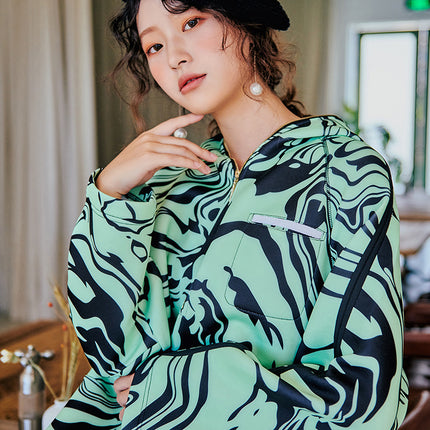 European and American Spring New Loose Geometric Windbreaker Fluorescent Green Hooded Sports Long Sweater Skirt L8061