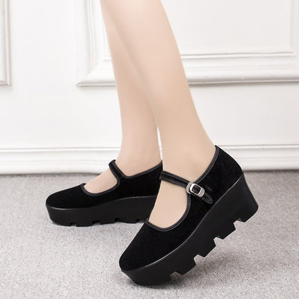 Women's Cloth Shoes, Platform Thick-Soled Flat Shallow-Mouth Hotel Work Shoes, Dance Shoes, Wedge Heel, Black, Breathable and Lightweight