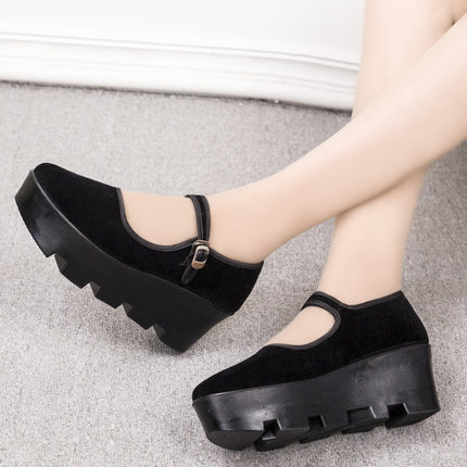 Women's Cloth Shoes, Platform Thick-Soled Flat Shallow-Mouth Hotel Work Shoes, Dance Shoes, Wedge Heel, Black, Breathable and Lightweight
