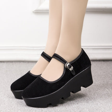 Women's Cloth Shoes, Platform Thick-Soled Flat Shallow-Mouth Hotel Work Shoes, Dance Shoes, Wedge Heel, Black, Breathable and Lightweight