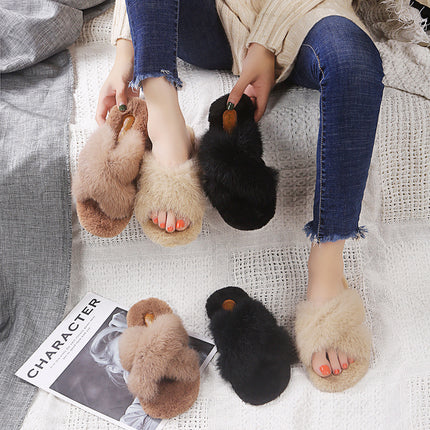 2024 Autumn Japanese-Style Furry Flat Slippers, Comfortable and Warm, Soft Girl Cross-Strap Slippers, Popular Online