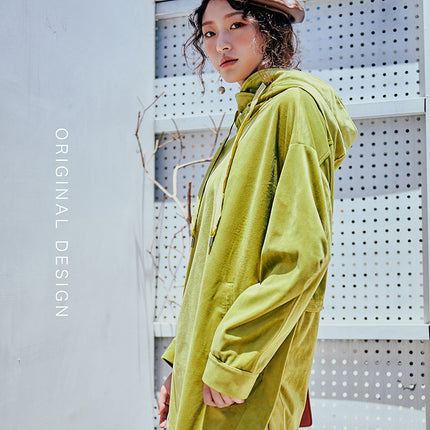 European large version of fashion spring new velvet pullover long hooded fluorescent green skirt women wholesale L8104