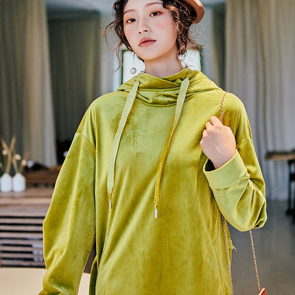 European large version of fashion spring new velvet pullover long hooded fluorescent green skirt women wholesale L8104
