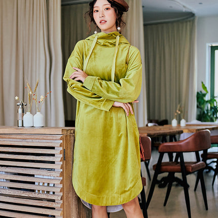 European large version of fashion spring new velvet pullover long hooded fluorescent green skirt women wholesale L8104