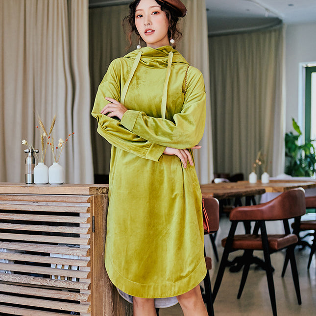 European large version of fashion spring new velvet pullover long hooded fluorescent green skirt women wholesale L8104