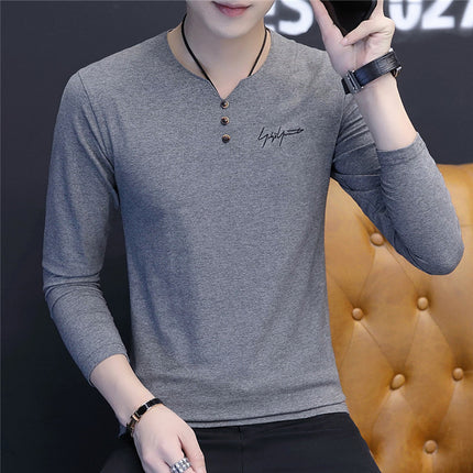 2019 Autumn and Winter Men's 95% Cotton Base Shirt Casual Slim Fit Small V-Neck Buttoned Long-Sleeve T-Shirt Long-Sleeve Base Shirt