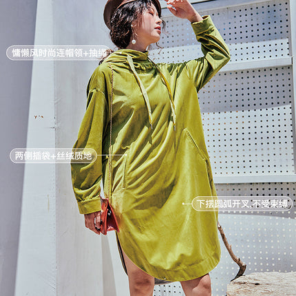 European large version of fashion spring new velvet pullover long hooded fluorescent green skirt women wholesale L8104