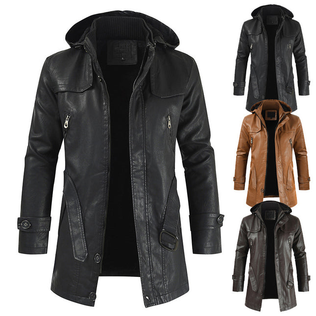 2024 Export Ebay New Men's Casual Fashion Leather Jacket Pu Hooded Slim Young Men's Leather Jacket