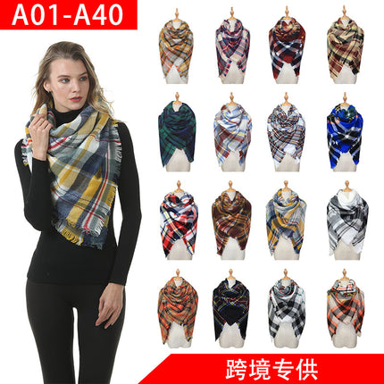 Cross-Border European and American Autumn and Winter Colorful Imitation Cashmere Plaid Square Scarf Plus Double-Sided Brushed Scarf and Shawl