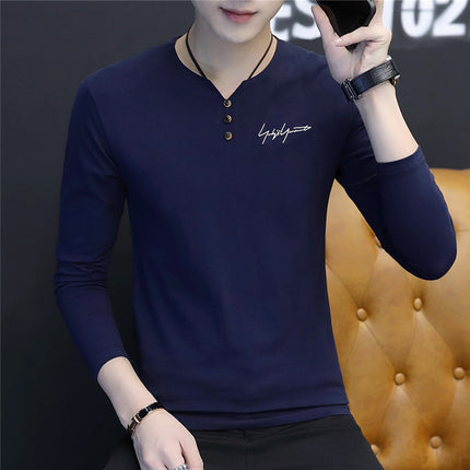 2019 Autumn and Winter Men's 95% Cotton Base Shirt Casual Slim Fit Small V-Neck Buttoned Long-Sleeve T-Shirt Long-Sleeve Base Shirt