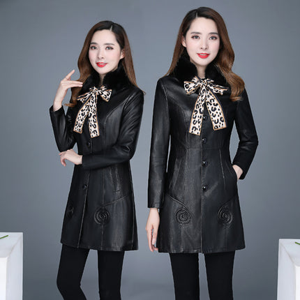 Women's Leather Clothing Manufacturers Korean Autumn and Winter Mid-length Lapel Slim-fit PU Leather Trench Coat Women's Large Size Leather Coat