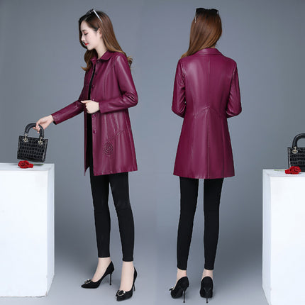 Women's Leather Clothing Manufacturers Korean Autumn and Winter Mid-length Lapel Slim-fit PU Leather Trench Coat Women's Large Size Leather Coat