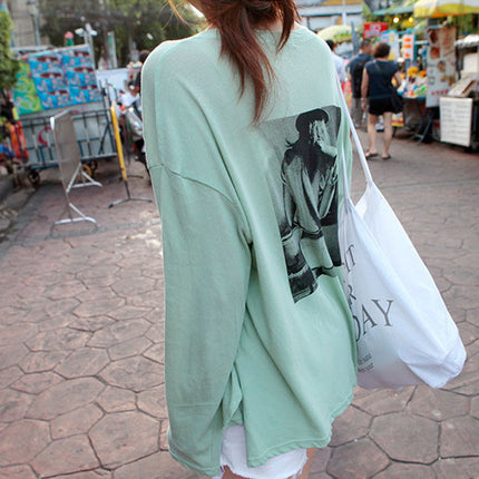 Hot sale South Korea Dongdaemun new mint green back print loose slimming temperament long sleeve T-shirt top women's clothing