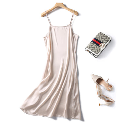 Special Cabinet Style Silk Slip Skirt Pure Mulberry Silk Nightgown Simple Exquisite Petticoat Mid-length Women's dress Solid Color