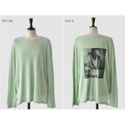 Hot sale South Korea Dongdaemun new mint green back print loose slimming temperament long sleeve T-shirt top women's clothing
