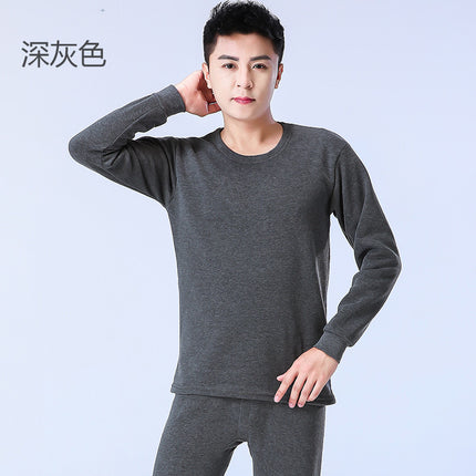Autumn and Winter Polyester Brushed Fleece Men's Thermal Underwear Set, Round Neck Cotton Sweater, Fleece-Lined and Thickened for Warmth