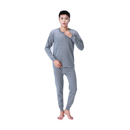 Autumn and Winter Polyester Brushed Fleece Men's Thermal Underwear Set, Round Neck Cotton Sweater, Fleece-Lined and Thickened for Warmth