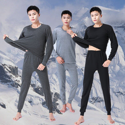 Autumn and Winter Polyester Brushed Fleece Men's Thermal Underwear Set, Round Neck Cotton Sweater, Fleece-Lined and Thickened for Warmth