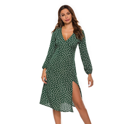 Amazon Spring and Summer New Sexy Split V-Neck Printed Slim-Fit Long-Sleeved Chiffon Dress dress in stock
