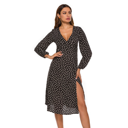 Amazon Spring and Summer New Sexy Split V-Neck Printed Slim-Fit Long-Sleeved Chiffon Dress dress in stock