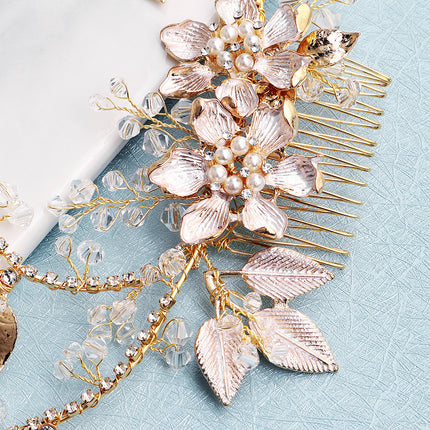European and American New Jewelry Handmade Bridal Headwear Alloy Flower Branches Hair Comb Pearl Diamond Comb Banquet Hair Accessories