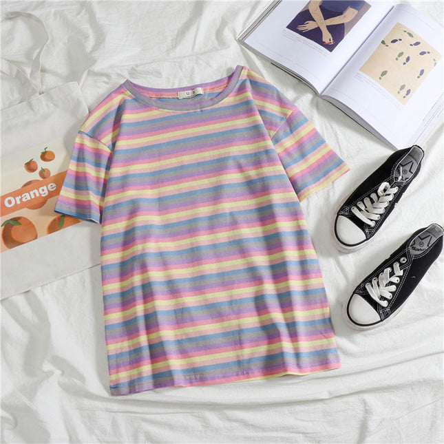 2021 Summer Hyun Elegant Style Cotton Candy Tonal Striped Fashion Colorful Striped cec Short Sleeve T-Shirt Women's Top