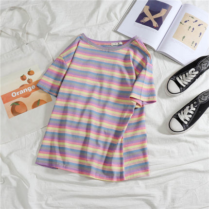 2021 Summer Hyun Elegant Style Cotton Candy Tonal Striped Fashion Colorful Striped cec Short Sleeve T-Shirt Women's Top