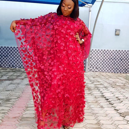 Cross-border source three-dimensional embroidery flower mesh round neck bat sleeve loose plus size robe vest African women's clear