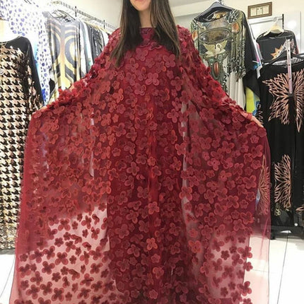 Cross-border source three-dimensional embroidery flower mesh round neck bat sleeve loose plus size robe vest African women's clear