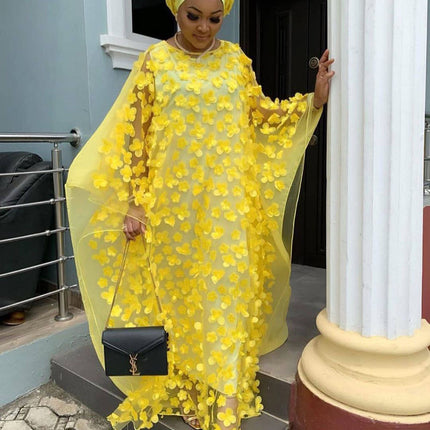 Cross-border source three-dimensional embroidery flower mesh round neck bat sleeve loose plus size robe vest African women's clear