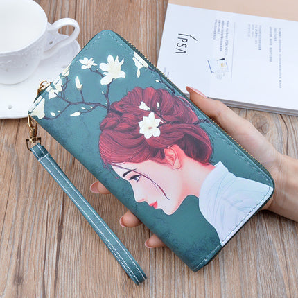 New Women's Wallet Women's Long Zipper Clutch Soft Wallet Korean Printed Fashion Student Change Mobile Phone Bag