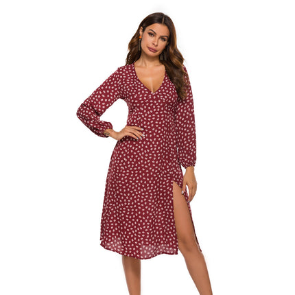 Amazon Spring and Summer New Sexy Split V-Neck Printed Slim-Fit Long-Sleeved Chiffon Dress dress in stock